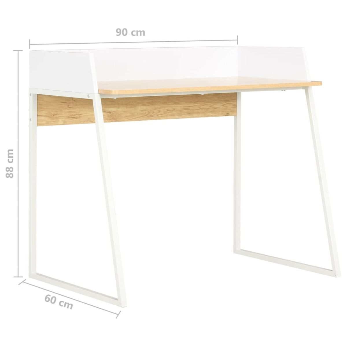 Weißer und Holzschreibtisch. Abmessungen 90x88x60 cm sind mit weißem Hintergrund dargestellt.