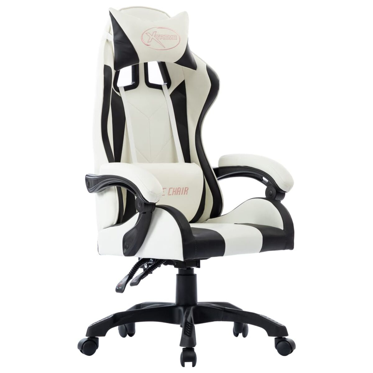 Weiß-schwarzer Gaming-Stuhl mit Logo, schwarzem Sockel, weißem Hintergrund.
