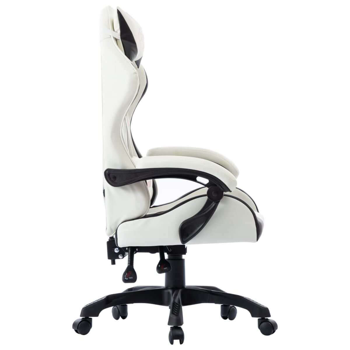 Seitenansicht eines weißen und schwarzen Gaming-Stuhls. Der Stuhl hat Räder und ein schwarzes Untergestell.