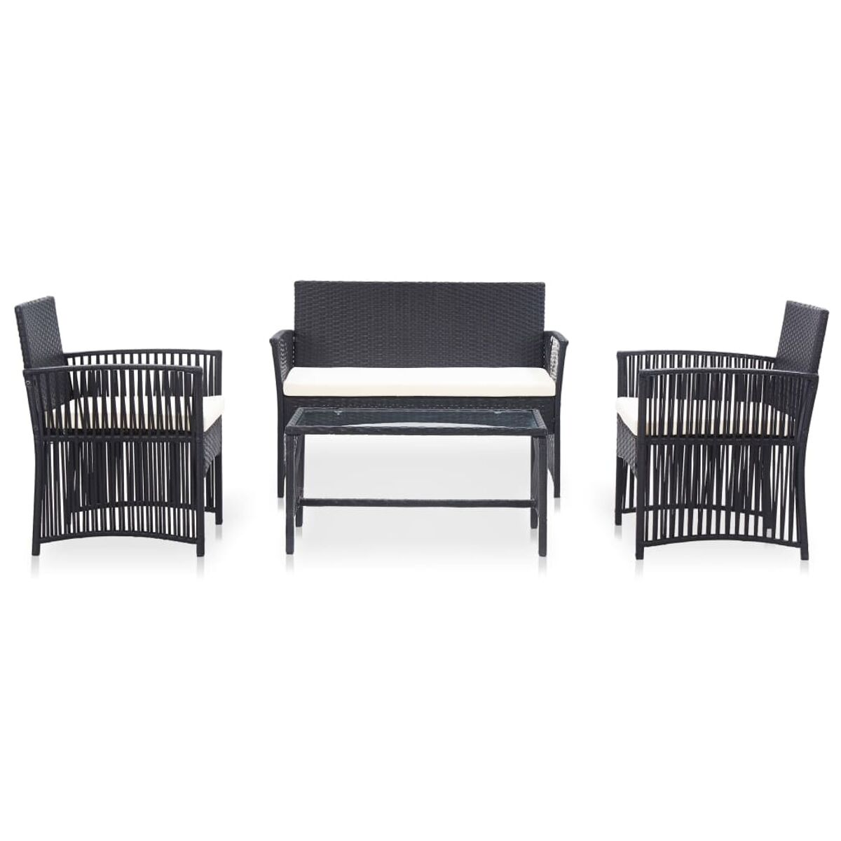 Schwarzes Korb-Gartenmöbel-Set mit einem Tisch mit Glasplatte und Stühlen. Weißer Hintergrund.