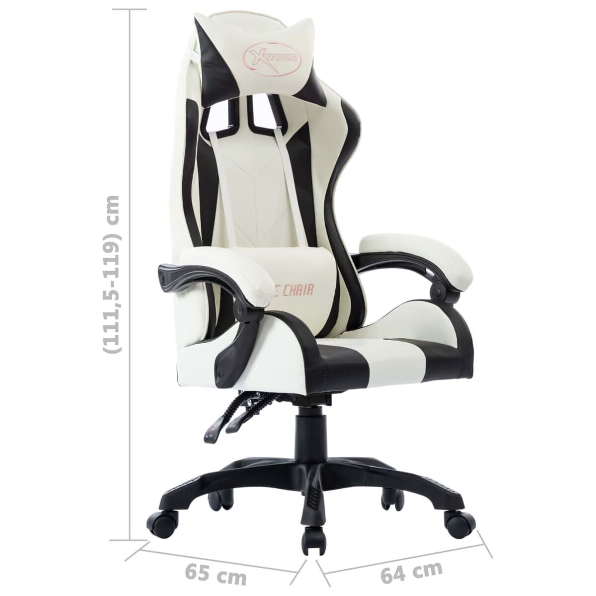 Ein weiß-schwarzer Gaming-Stuhl mit den Maßen (111,5-119) cm x 65 cm x 64 cm wird gezeigt.
