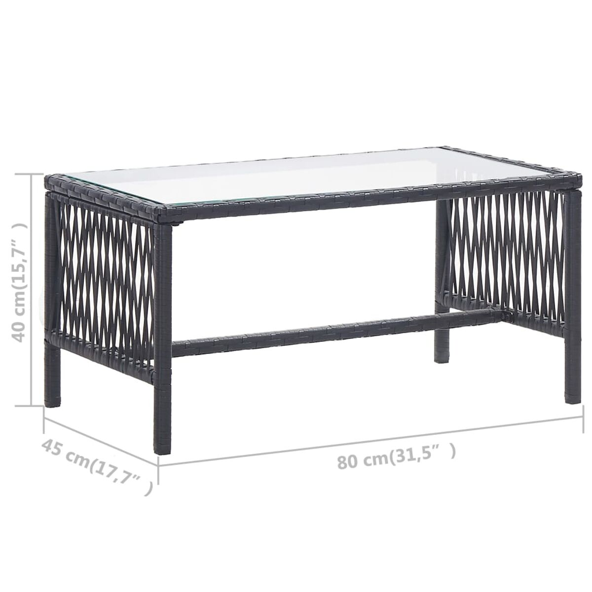 Dunkelgrauer Rattan-Tisch mit Glasplatte und Maßen. Weißer Hintergrund.