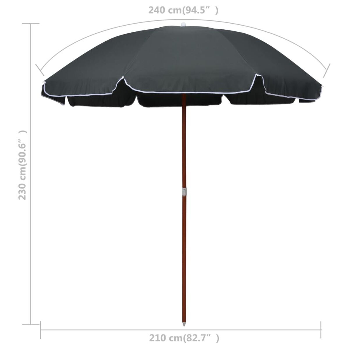 Ein großer grauer Regenschirm mit weißem Rand. Der Schirm ist geöffnet. Abmessungen: 240x230x210cm.
