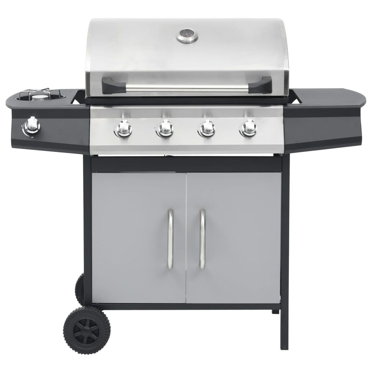 Ein Edelstahlgrill mit Deckel, vier Brennern und einem grauen Unterschrank.