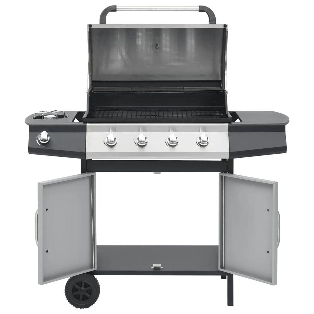 Ein Gasgrill mit geöffneten Türen. Er befindet sich vor einem weißen Hintergrund.