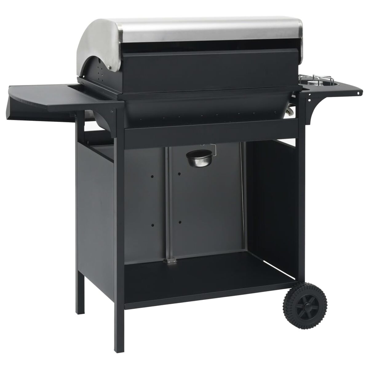 Ein schwarzer und silberner Außengrill mit Seitenablage und Rad.