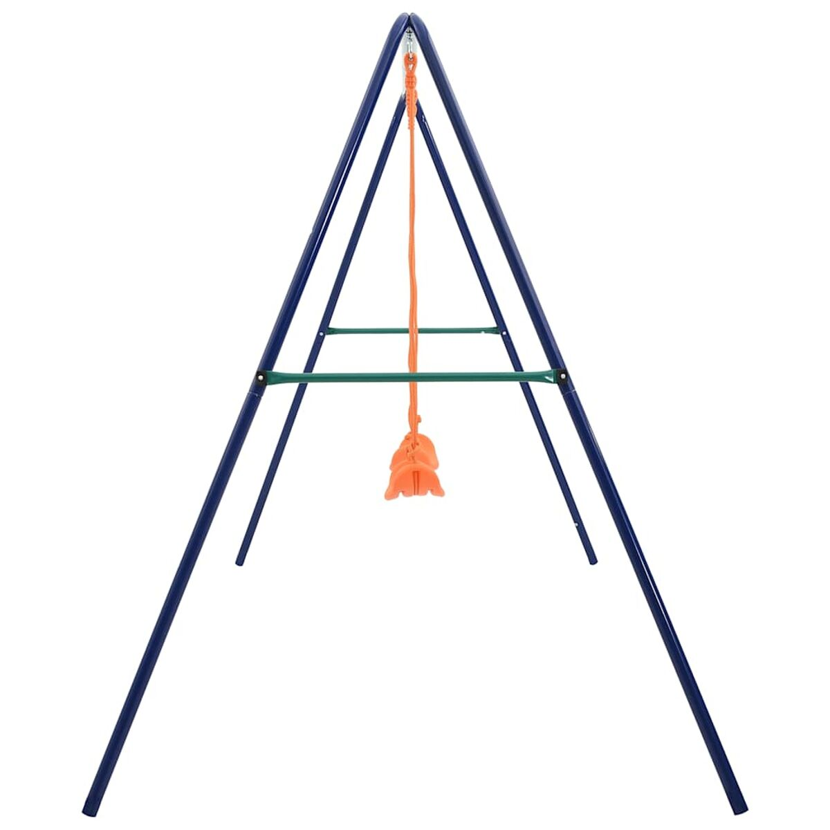 Ein blaues Schaukelgerüst mit orangen Schaukeln, eingerahmt von einer blauen und grünen Metallkonstruktion.