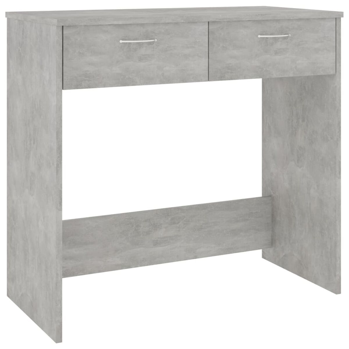 Grau Beton-Look Schreibtisch mit zwei Schubladen und einem großen offenen Raum darunter.