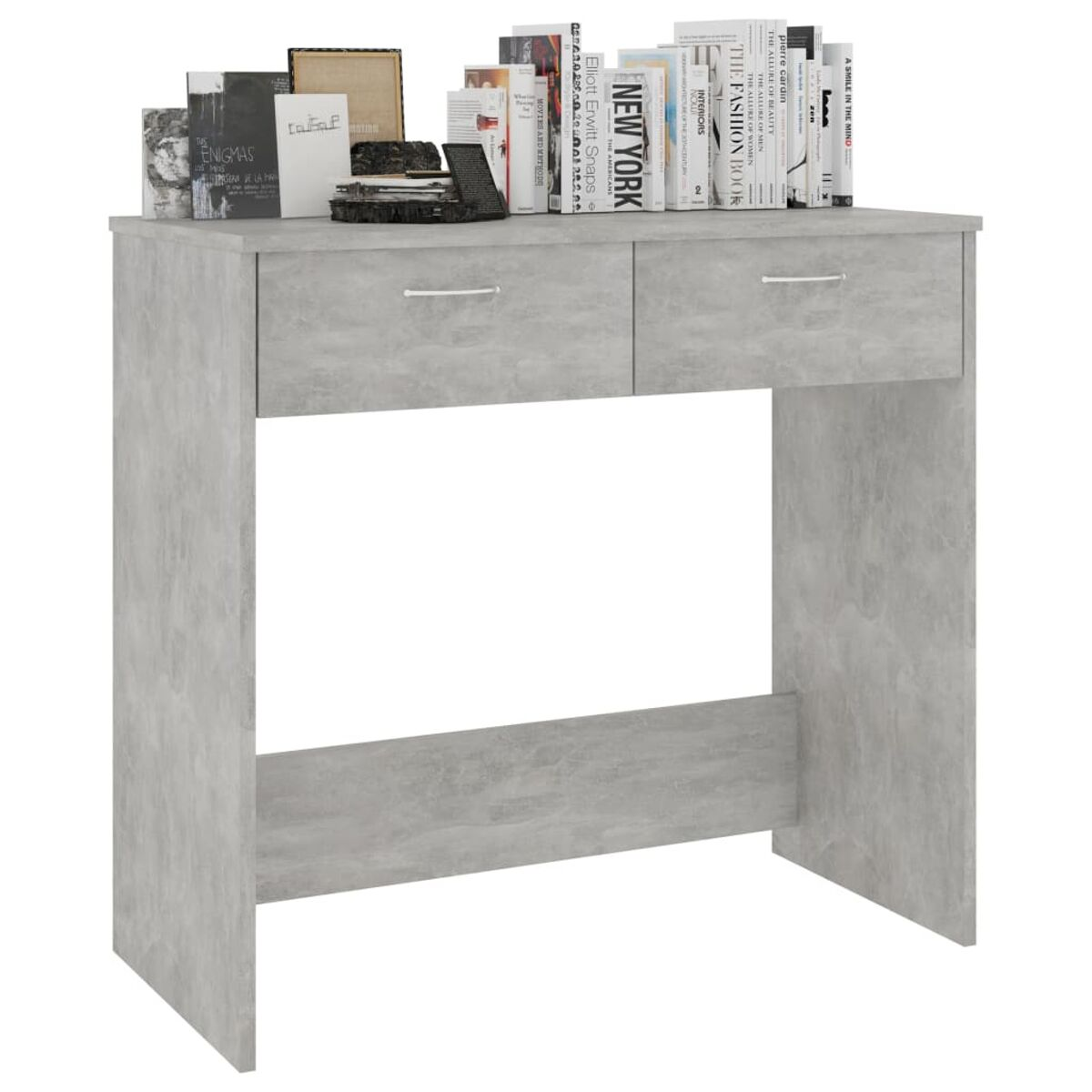 Grauer Schreibtisch mit zwei Schubladen. Bücher und Dekoration oben. Modernes Design.