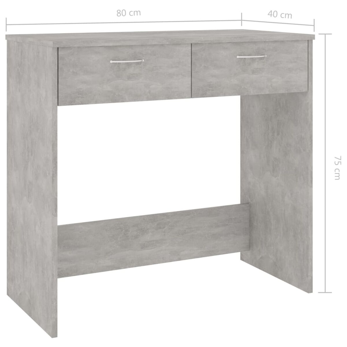 Grauer Betontisch mit zwei Schubladen. Abmessungen: 80x40x75 cm.