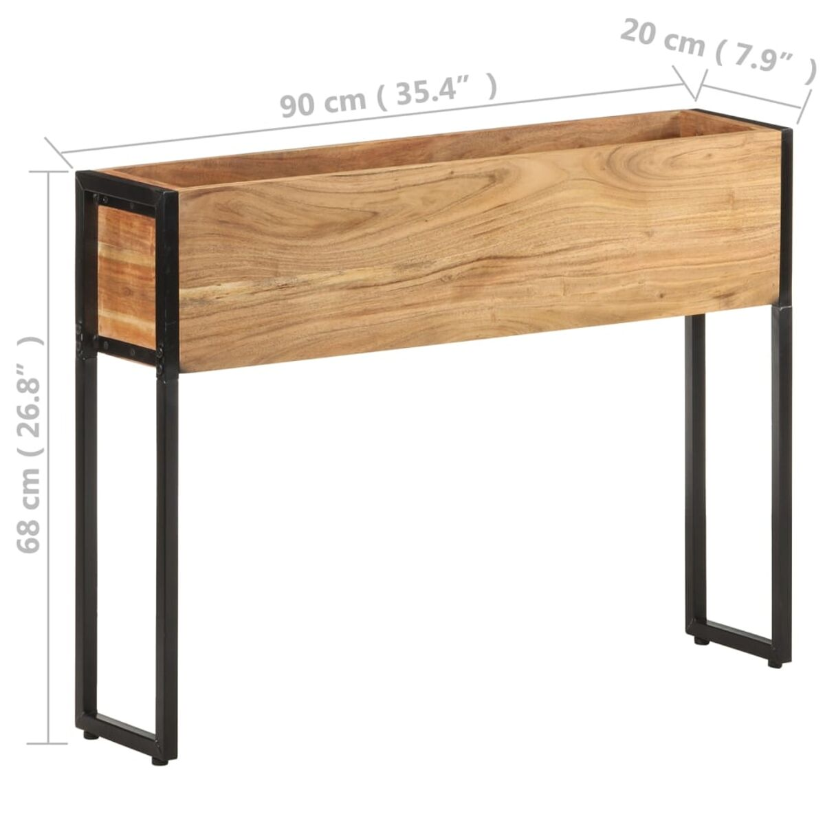 Holzpflanzer mit schwarzen Beinen und Metallrahmen, Maße beschriftet.