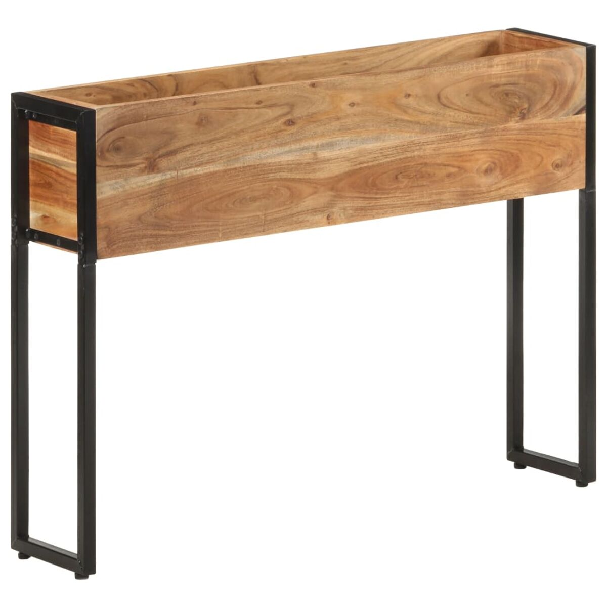 Pflanzkasten aus Holz mit schwarzem Metallrahmen. Das Holz ist hellbraun, mit sichtbarer Maserung.