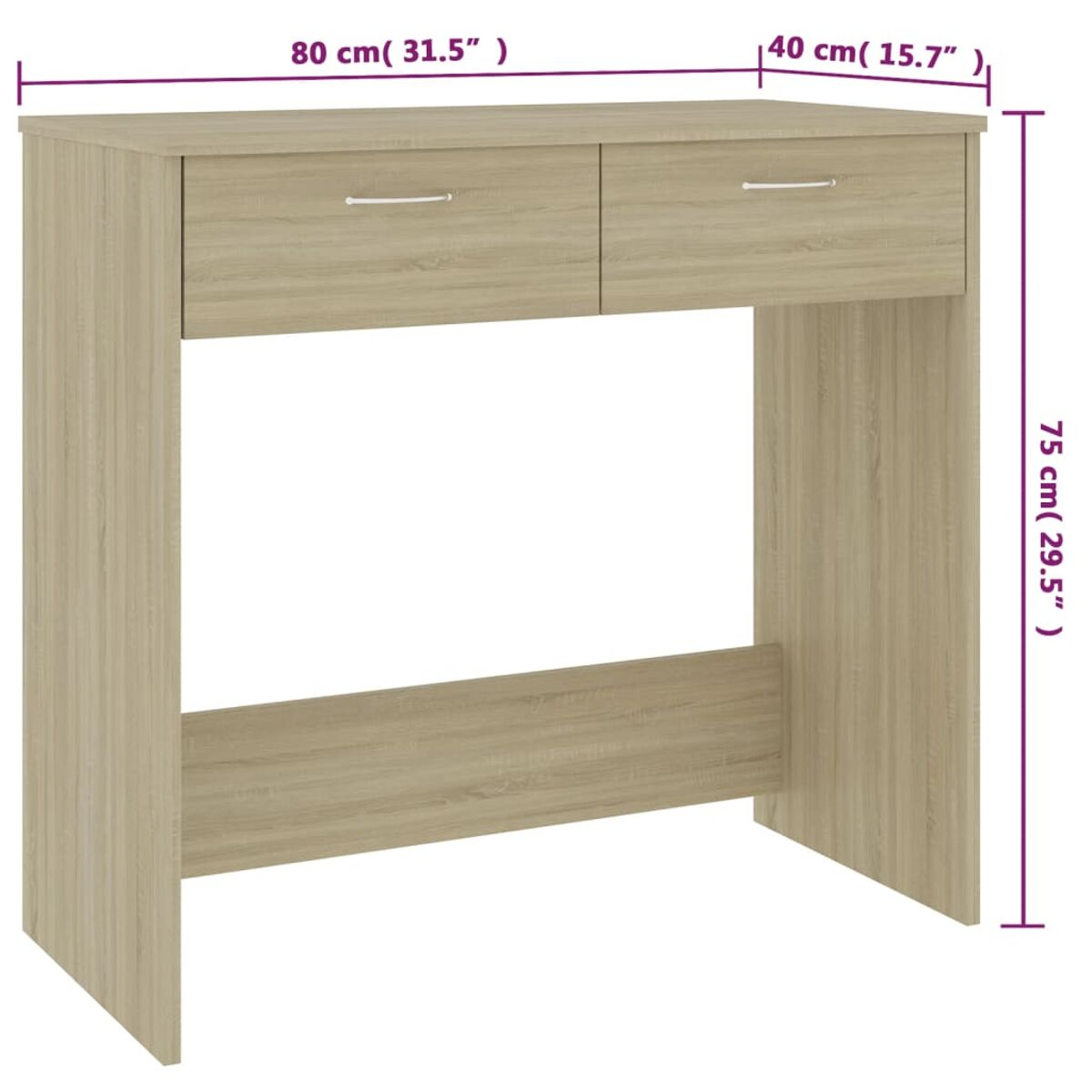 Holz-Waschtisch mit zwei Schubladen, Abmessungen sind angegeben. Der Tisch hat eine helle Holzoberfläche.