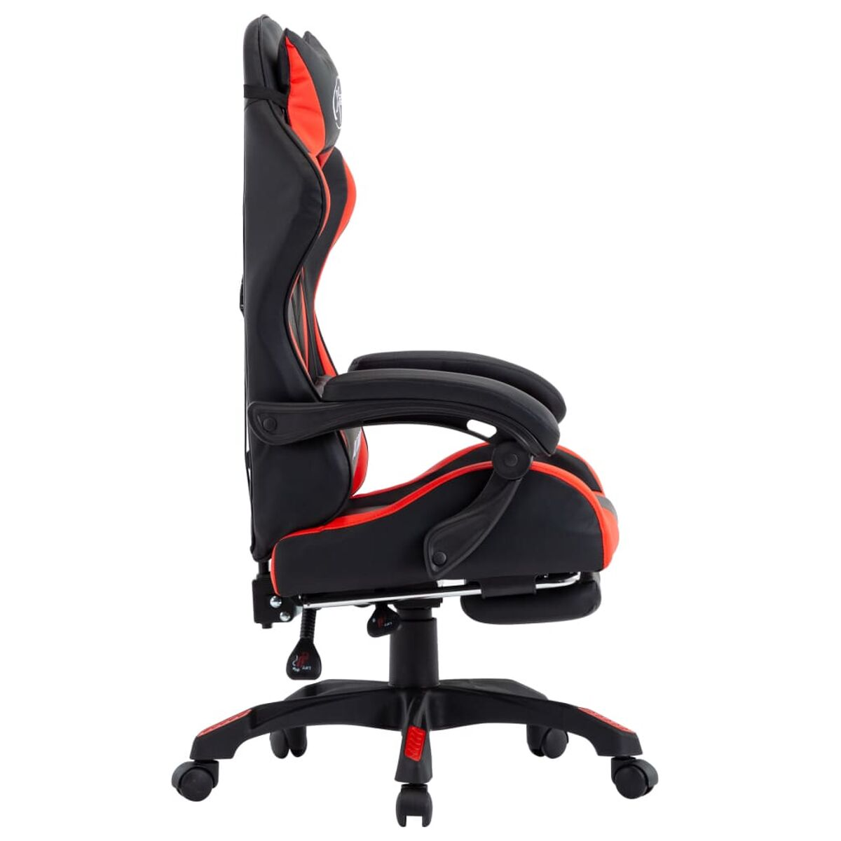 Schwarzer und roter Gaming-Stuhl. Der Stuhl ist auf Komfort ausgelegt.