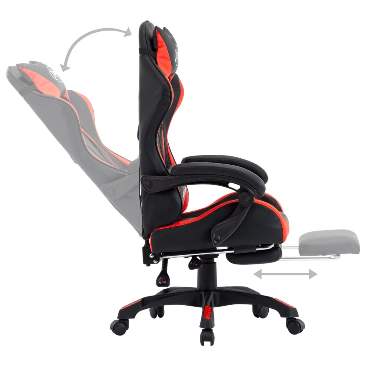 Ein schwarzer Gaming-Stuhl mit roten Akzenten. Er ist verstellbar mit Fußstütze und Rollen.