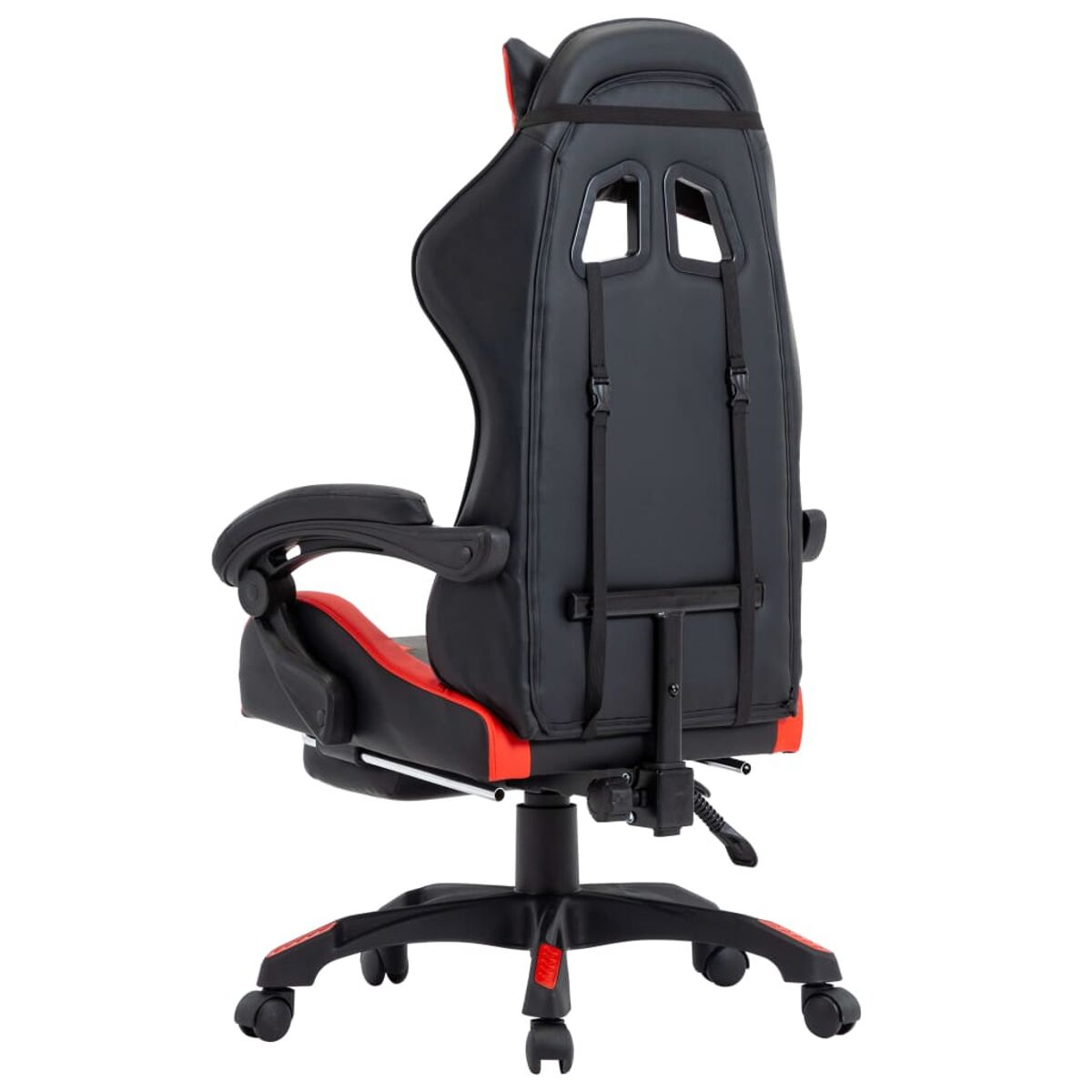 Schwarz-roter Gaming-Stuhl. Hohes Rückendesign mit Kopf- und Lendenstütze. Rollen.