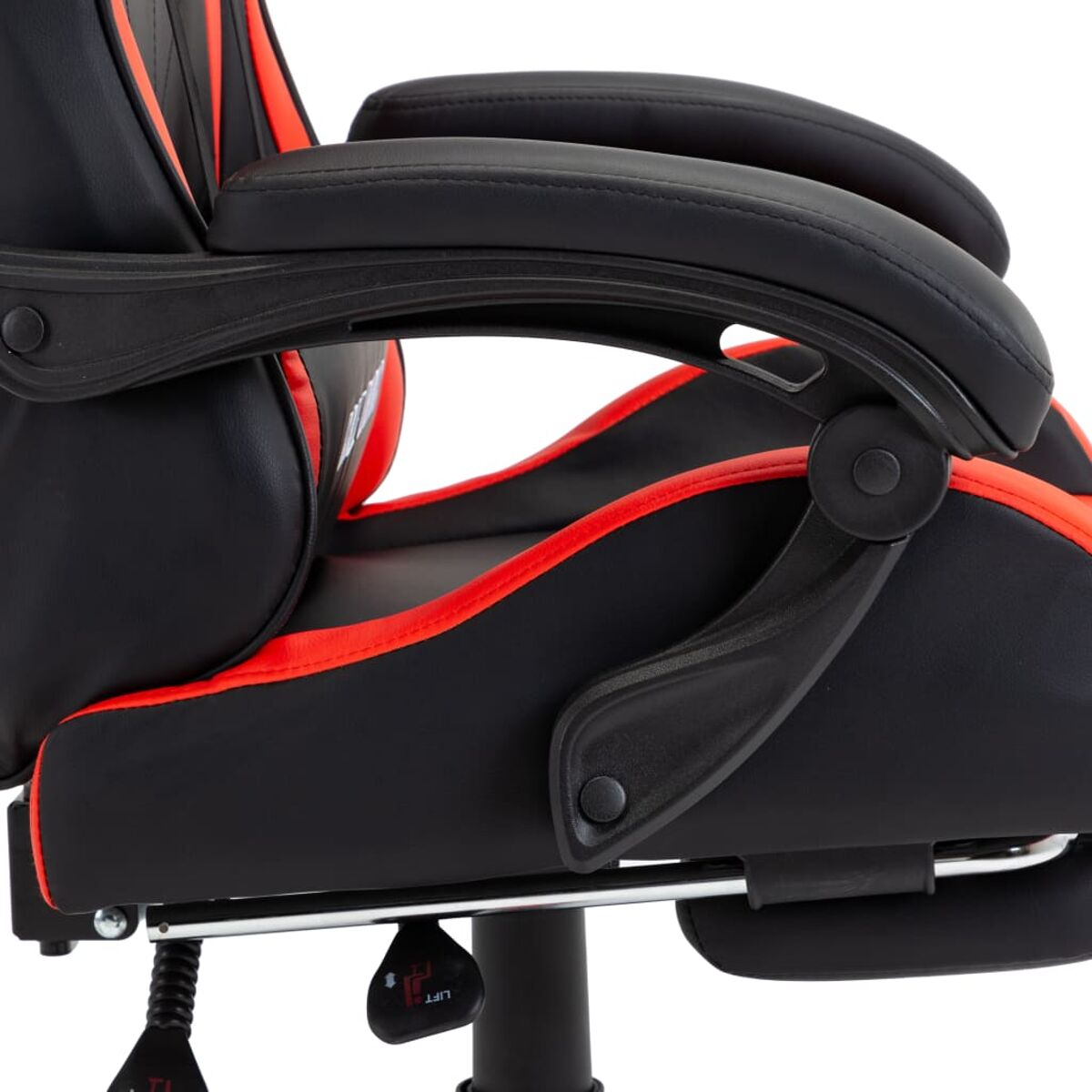 Gaming-Stuhldetail. Schwarz mit roten Akzenten. Verstellbare Armlehnen und Basis.