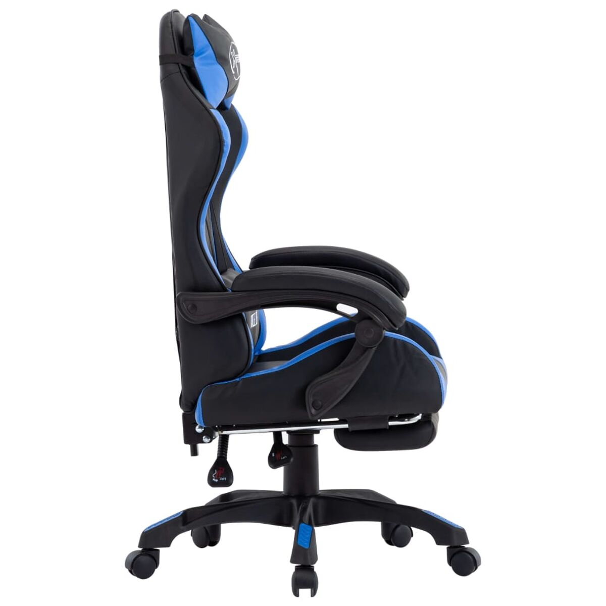 Gaming-Stuhl, schwarz und blau. Er hat eine hohe Rückenlehne, Armlehnen und eine Fußstütze.