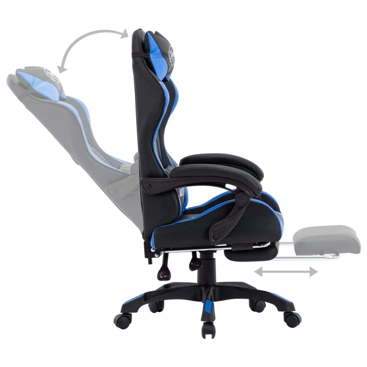 Blau-schwarzer Gaming-Stuhl mit Armlehnen, Fußstütze und Liegefunktion. Weißer Hintergrund.