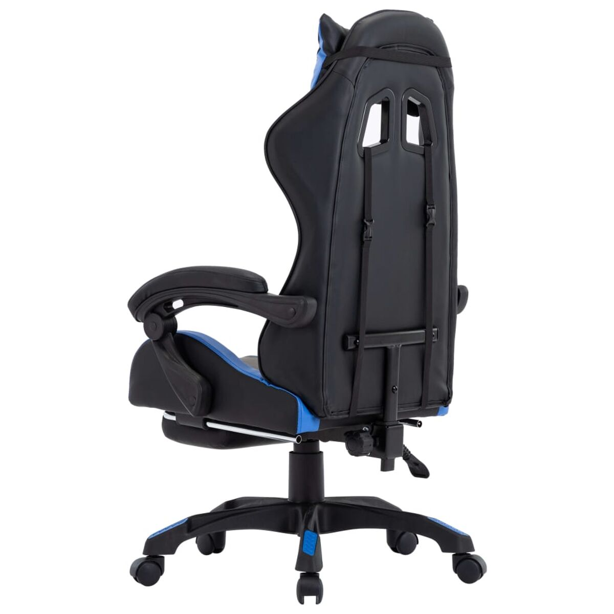 Schwarzer und blauer Gaming-Stuhl von hinten mit Abmessungen. Er hat eine Kopfstütze und eine Fußstütze.