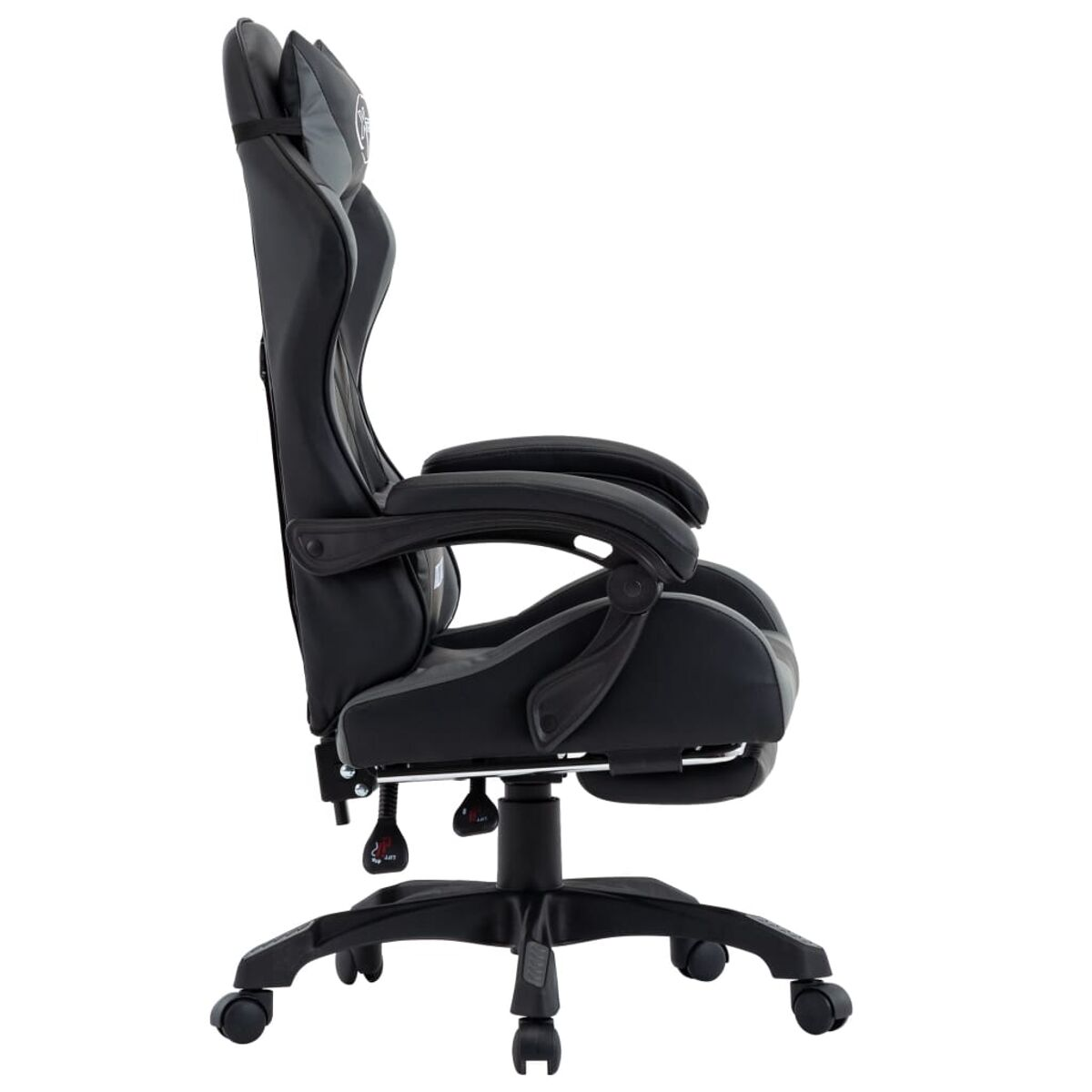 Schwarzer Gaming-Stuhl. Seitenansicht, Schwarz- und Grautöne, mit weißem Hintergrund.