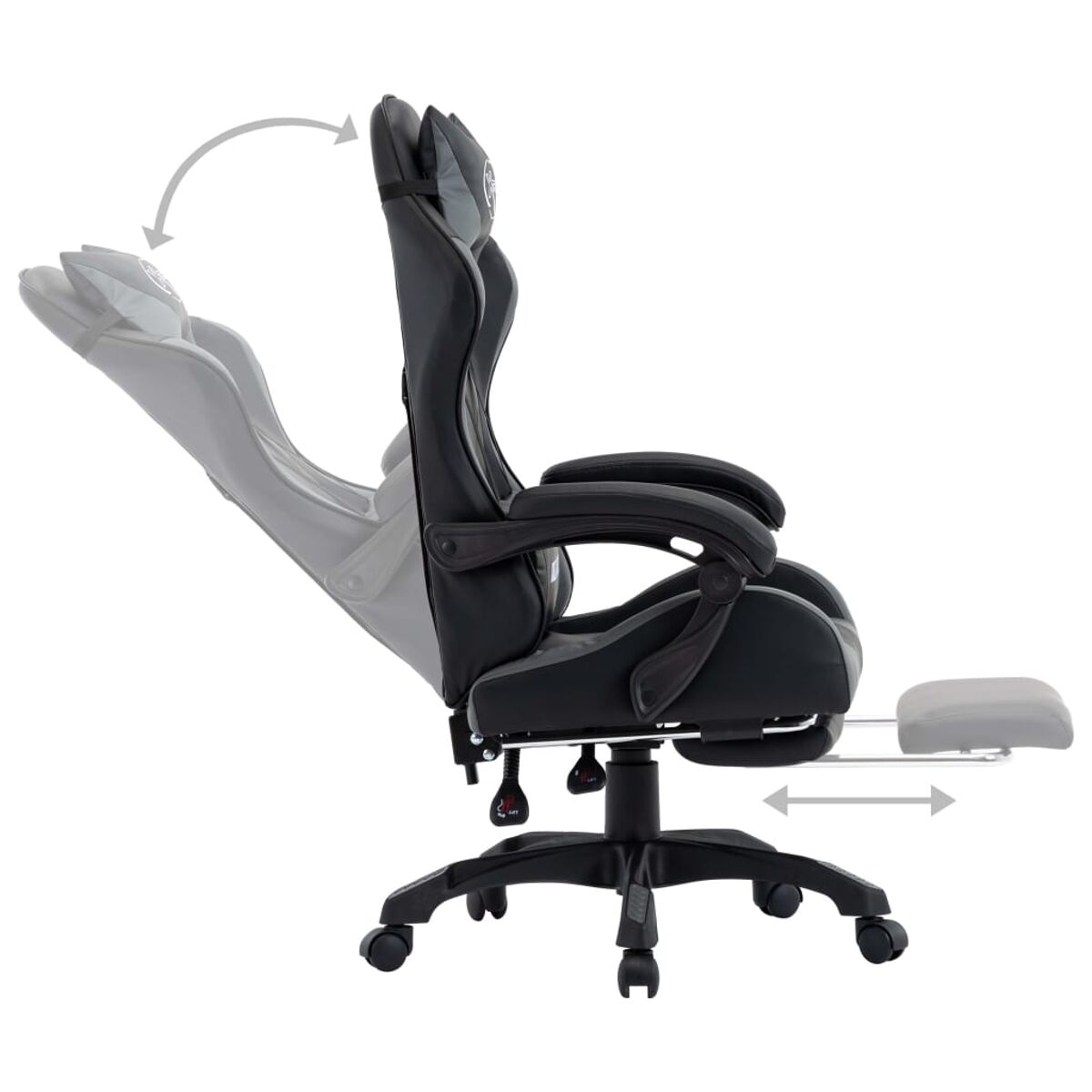 Gaming-Stuhl mit verstellbaren Funktionen, im Profil gezeigt.