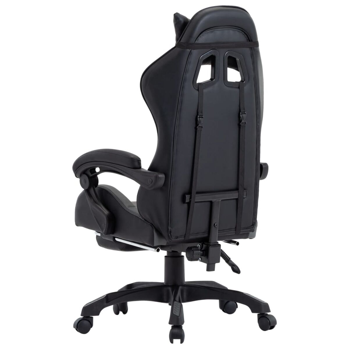 Die Rückseite eines schwarzen Gaming-Stuhls mit Kopfstütze und Gurten.