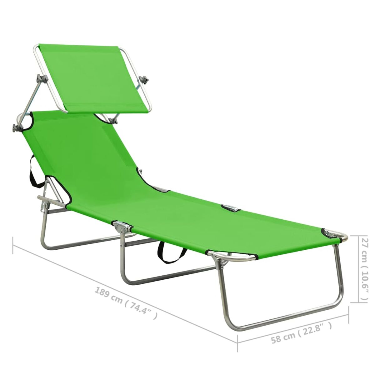 Grüner, zusammenklappbarer Sonnenliegestuhl mit Sonnenschutz. Metallrahmen.