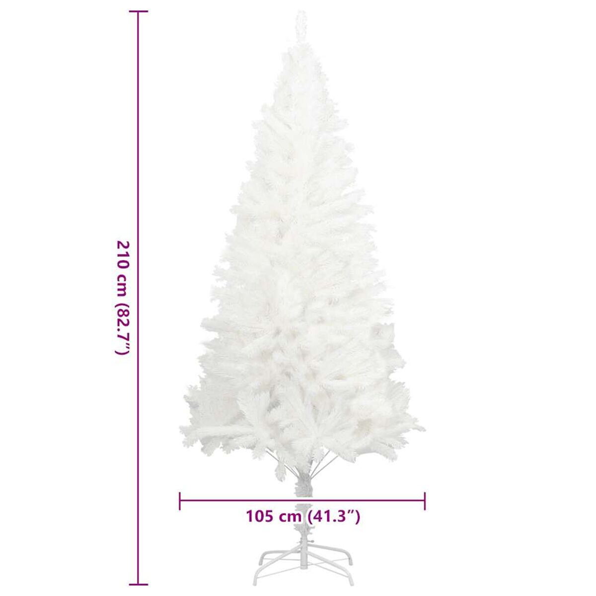 Weißer künstlicher Weihnachtsbaum, 210 cm hoch und 105 cm breit, mit Ständer.