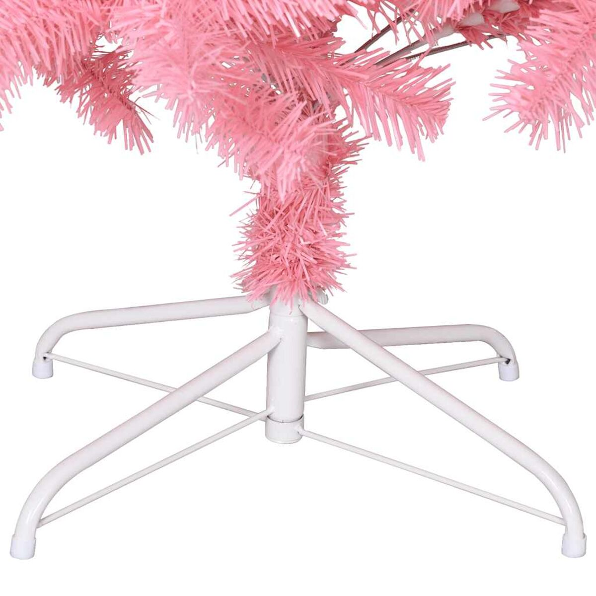 Rosa künstlicher Weihnachtsbaum mit weißem Sockel. Der Baum hat rosa Zweige.
