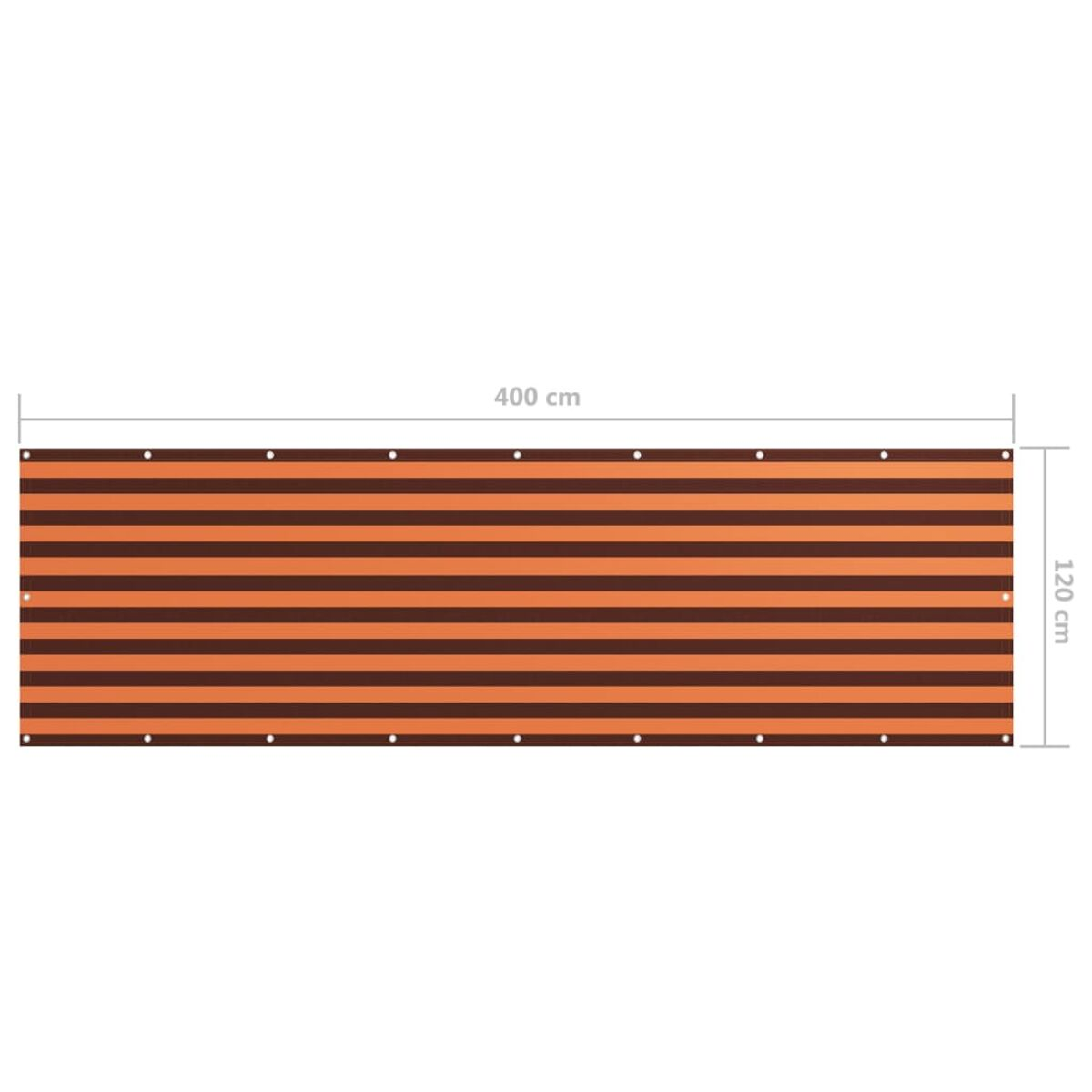 Ein orange-braun gestreifter Sichtschutz. Abmessungen sind enthalten: 400cm x 120cm.
