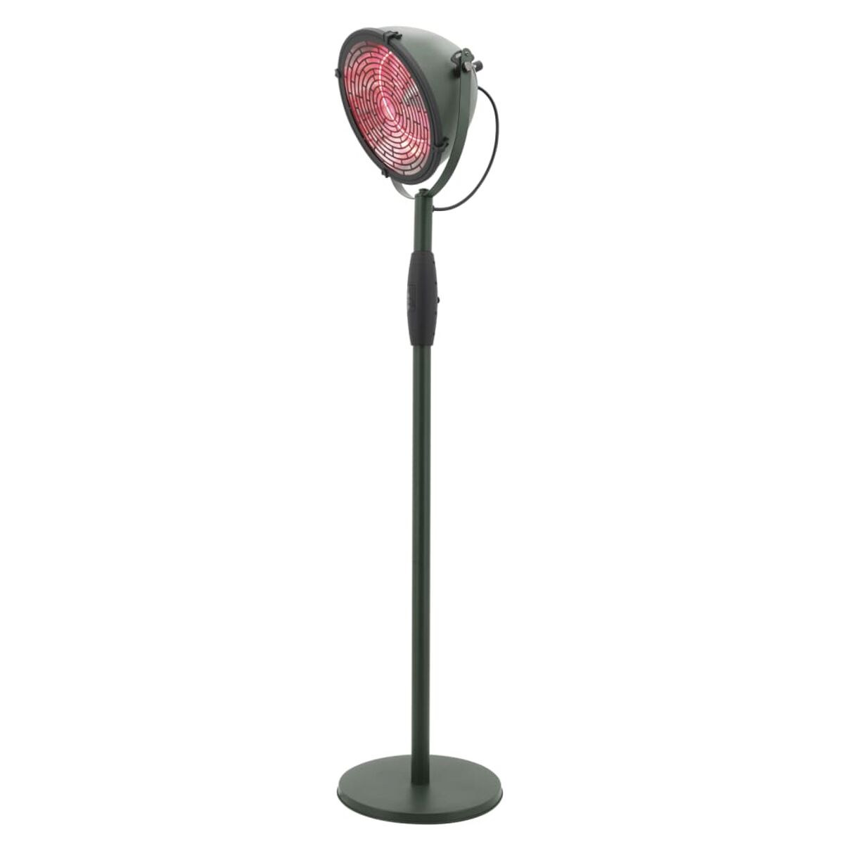 Een groene infraroodlamp op een standaard. De lamp heeft een rood verwarmingselement en staat op een witte achtergrond.