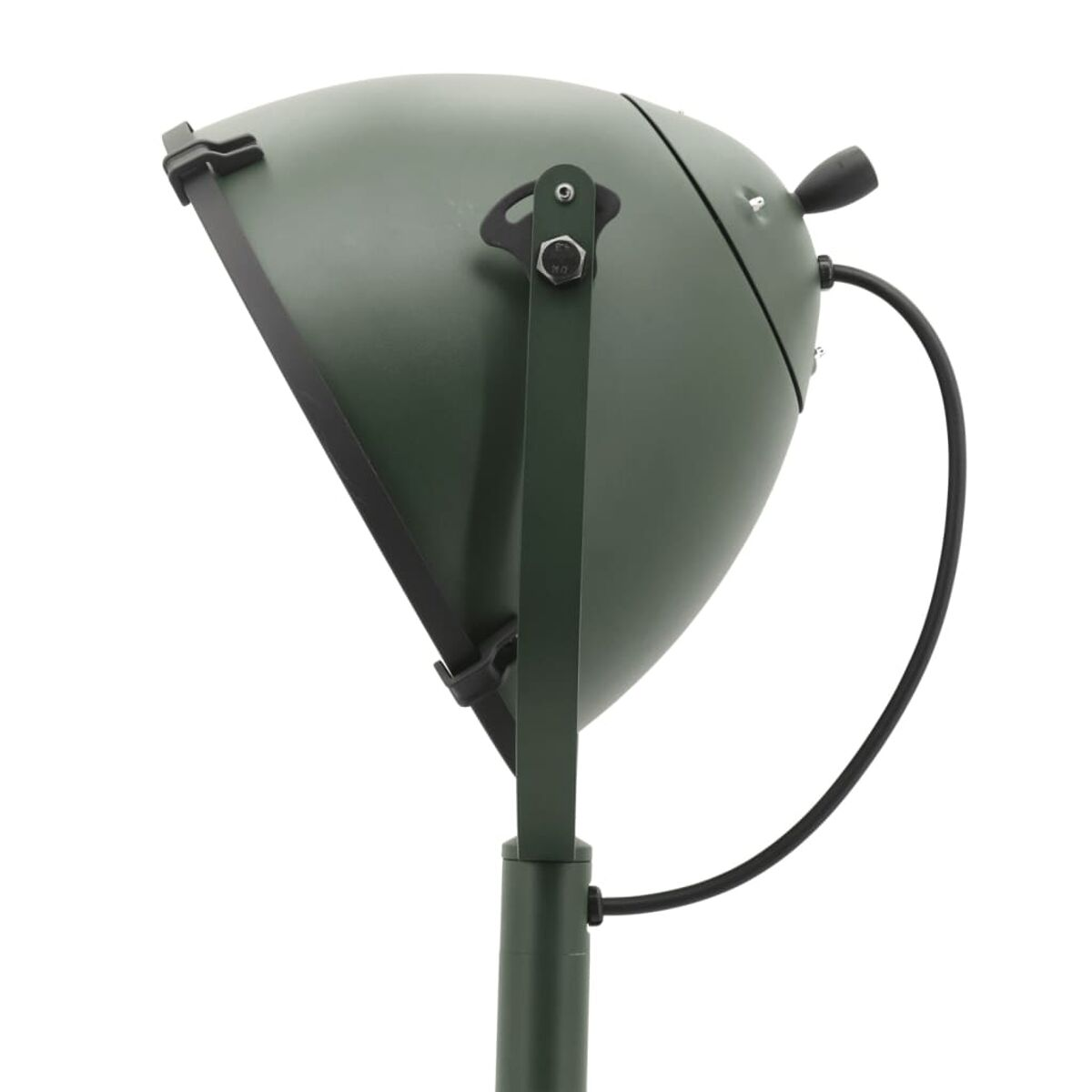 Groene buiten schijnwerper met zwarte kabel op witte achtergrond, schuin naar de zijkant.