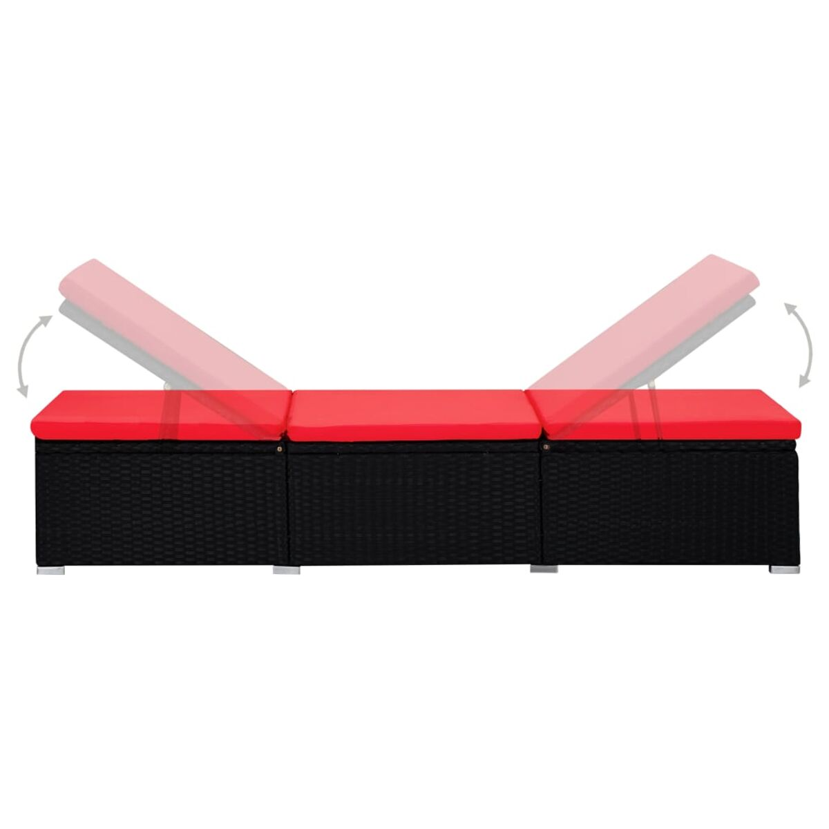 Schwarzes und rotes Outdoor-Sitzset. Zeigt mehrere Abschnitte in einer angewinkelten Ansicht.