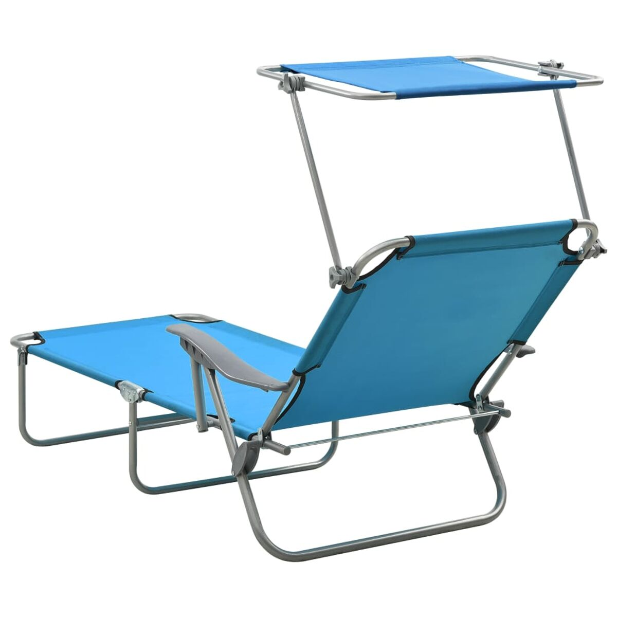 Blauer Strandstuhl mit Sonnensegel, auf weißem Hintergrund.