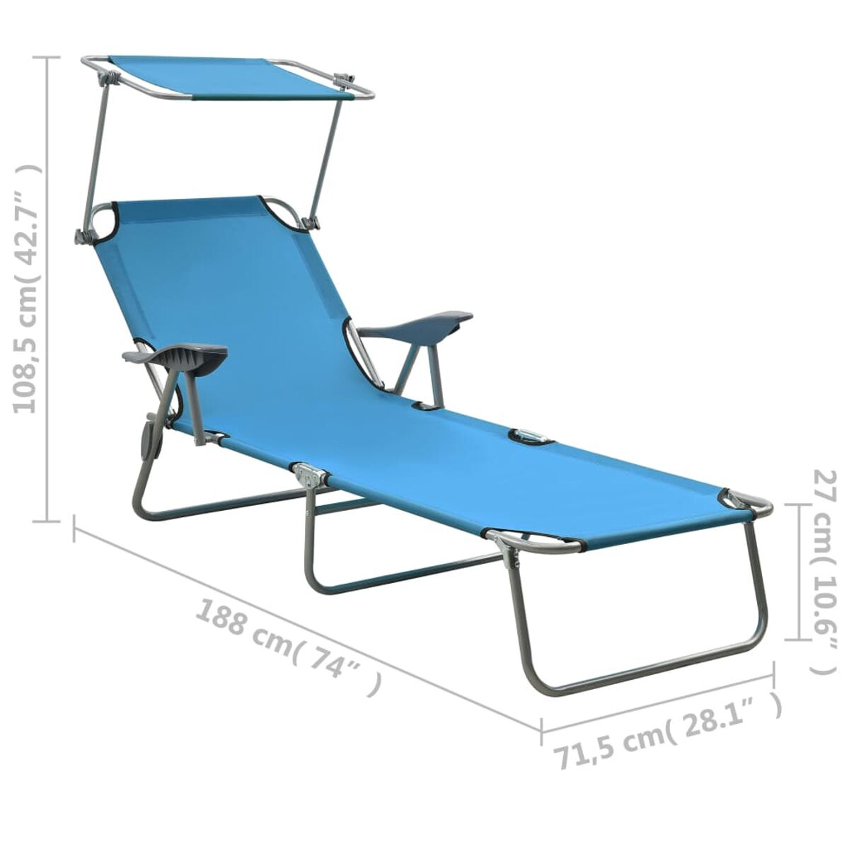 Blauer Strandstuhl mit Sonnenschirm. Abmessungen: 188x71,5x108,5 cm. Silberner Rahmen.