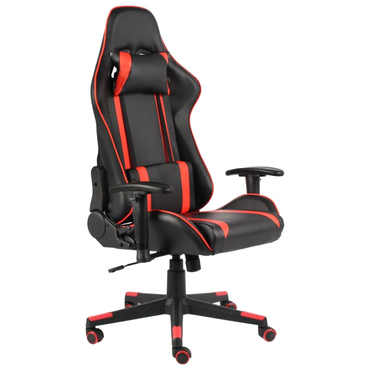 Una sedia da gaming nera e rossa con poggiatesta, braccioli e ruote rosse su bianco.