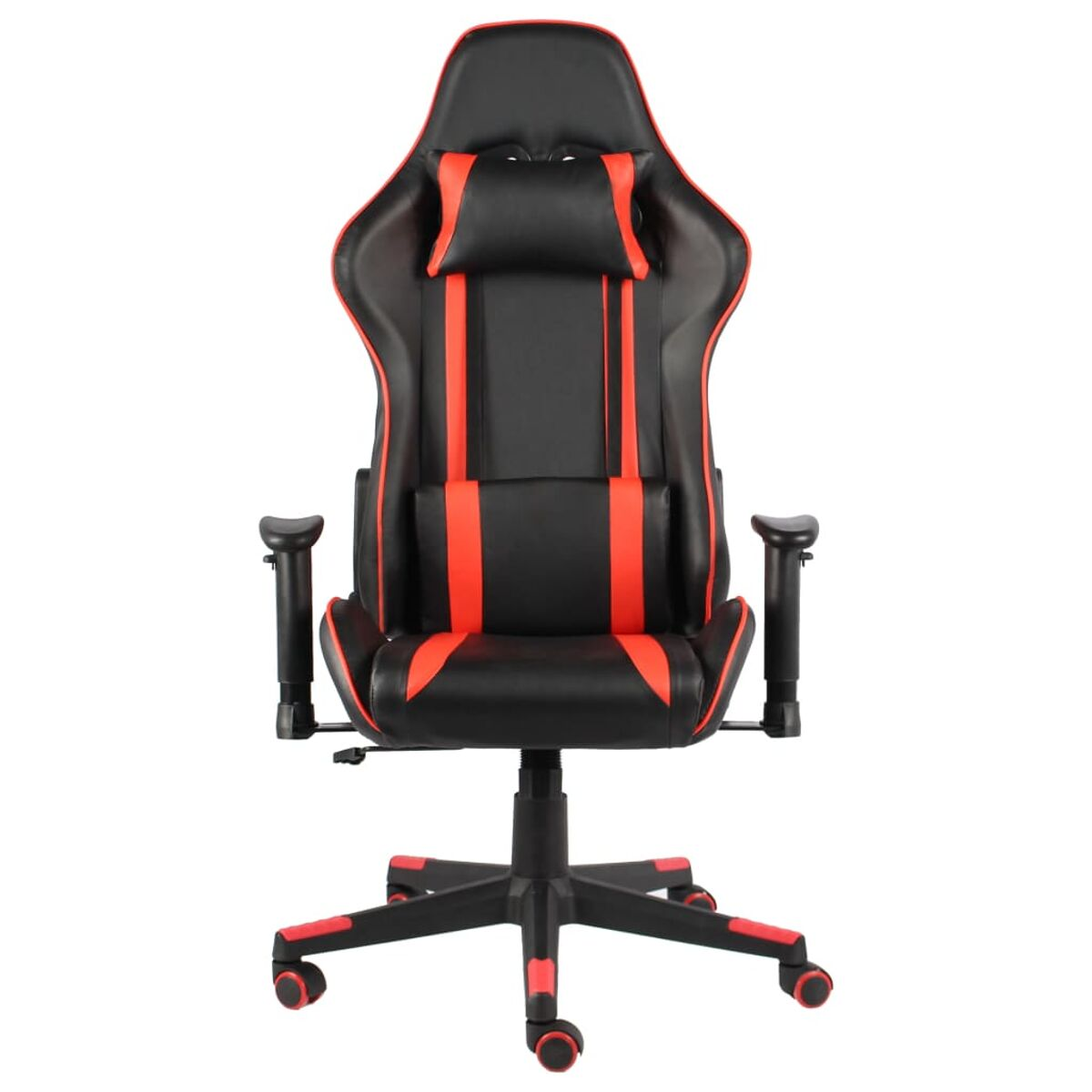 Una sedia da gaming nera con dettagli rossi, ruote rosse su sfondo bianco.