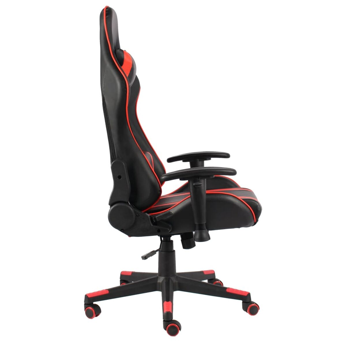 Sedia da gaming nera e rossa in vista di profilo. Mostra seduta, schienale e braccioli.