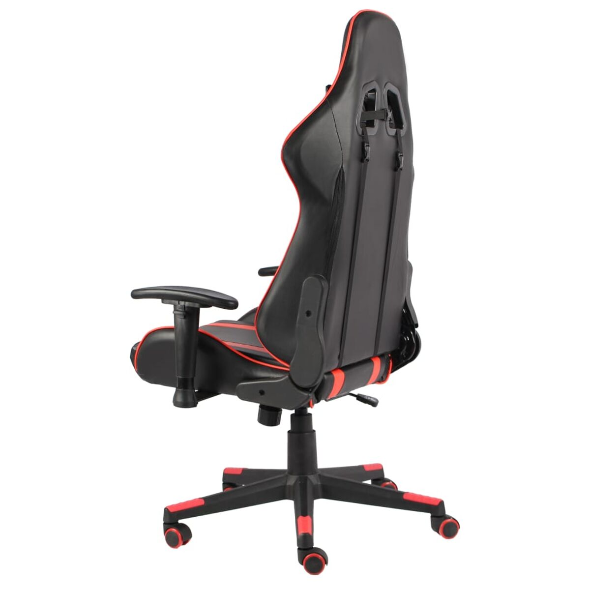 Sedia da gaming nera e rossa, vista da dietro, su sfondo bianco.