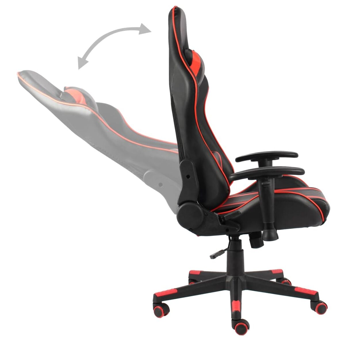 Sedia da gaming nera e rossa reclinata, che mostra la parte posteriore e laterale.