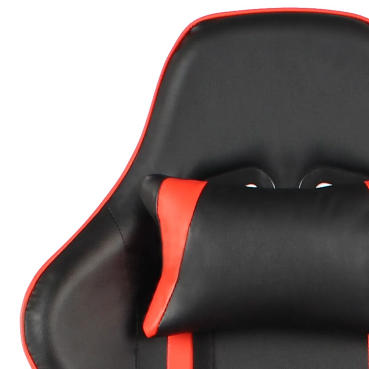 Primo piano del poggiatesta e del cuscino di una sedia da gaming nera, con dettagli rossi. L'attenzione è sui dettagli.