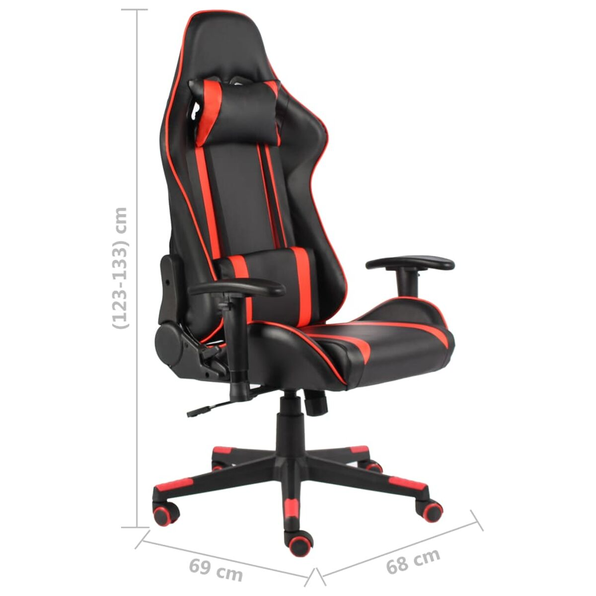 Una sedia da gioco nera e rossa con dimensioni su sfondo bianco.