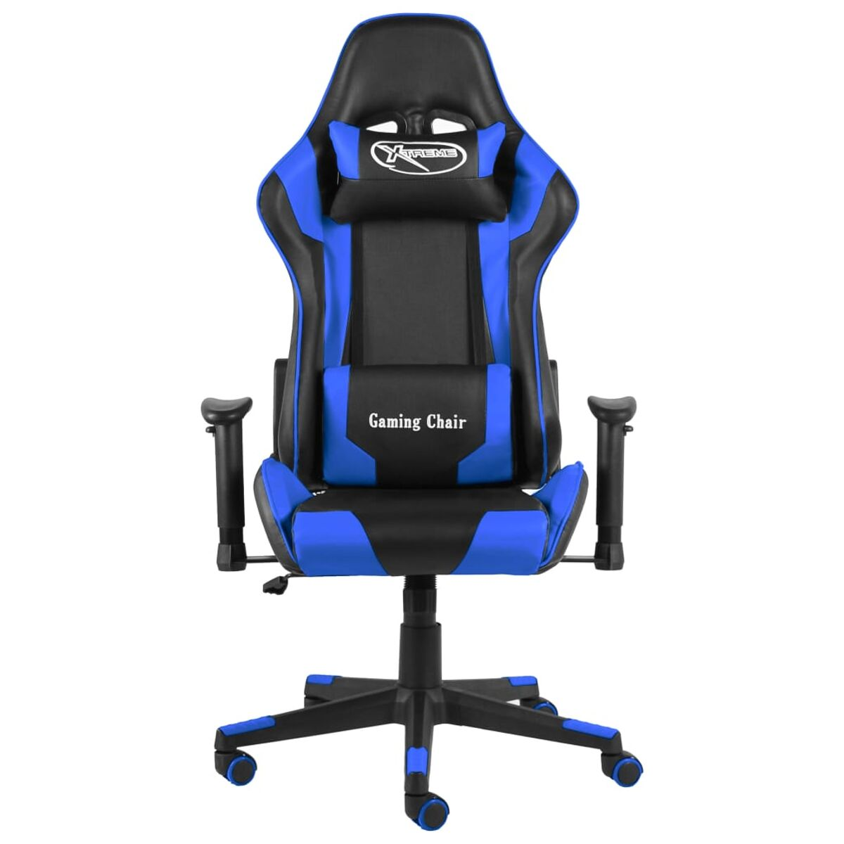 Gaming-Stuhl mit schwarzem und blauem Design. Enthält Kopfstütze, Lendenwirbelstütze und Armlehnen.