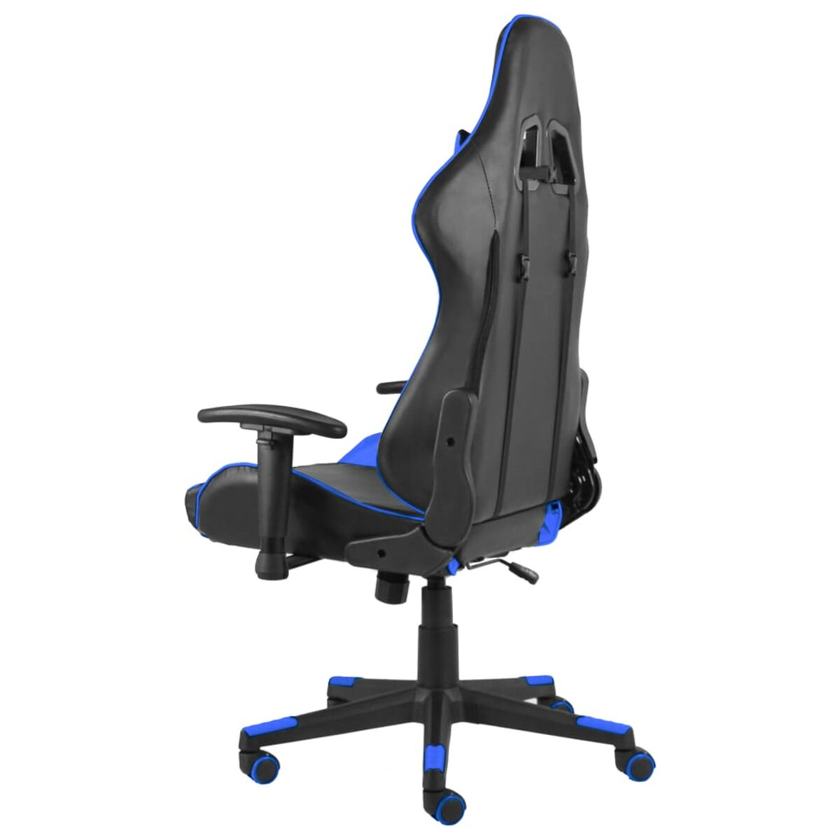 Gaming-Stuhl mit schwarzen und blauen Akzenten, Rückansicht. Er hat Räder.