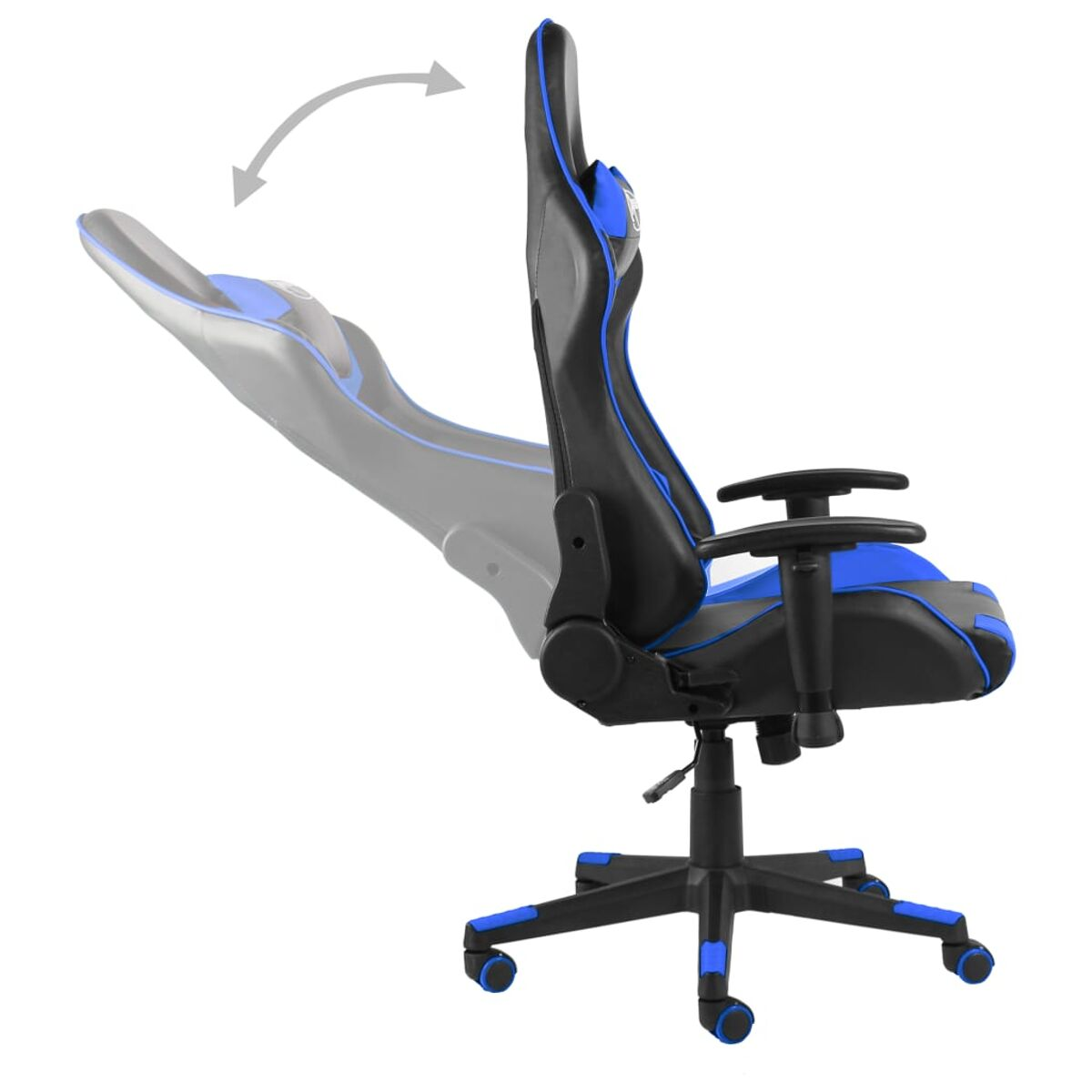 Gaming-Stuhl, schwarz und blau, gekippt. Ein Pfeil zeigt die Bewegung der Rückenlehne.