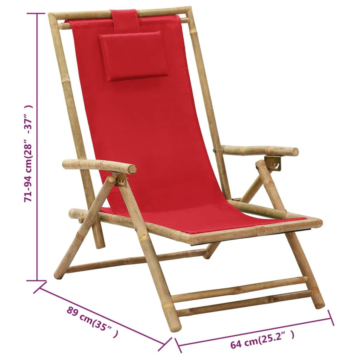 Roter, zusammenklappbarer Bambus-Strandstuhl mit Kopfstütze.