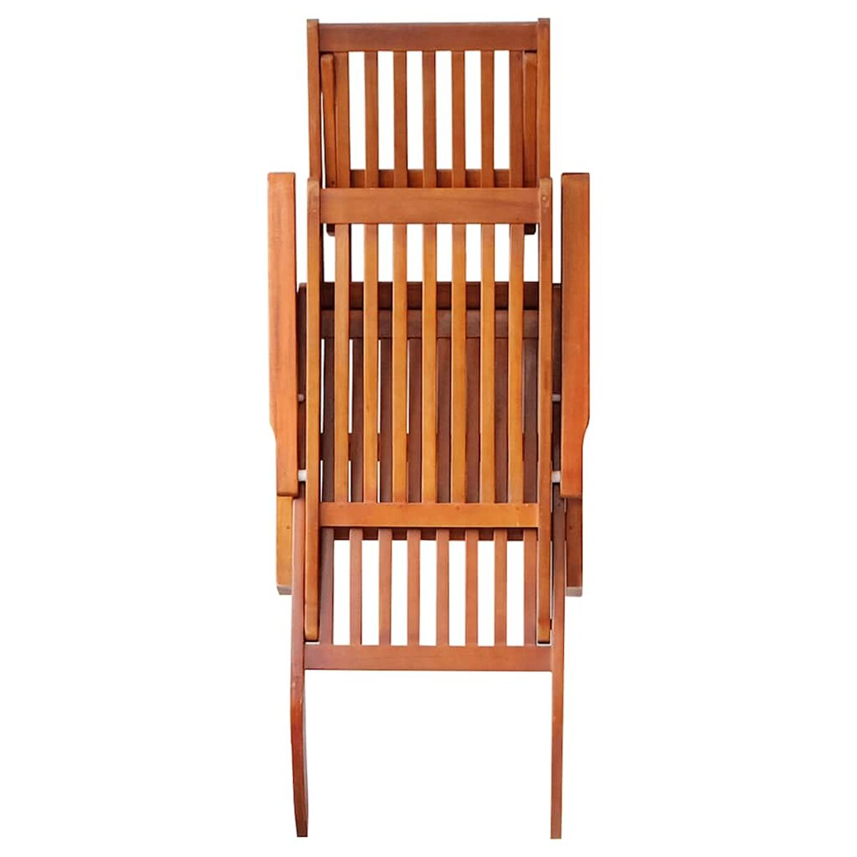 Brauner Holzklappstuhl, von hinten betrachtet. Die Rückenlehne ist hochgeklappt.