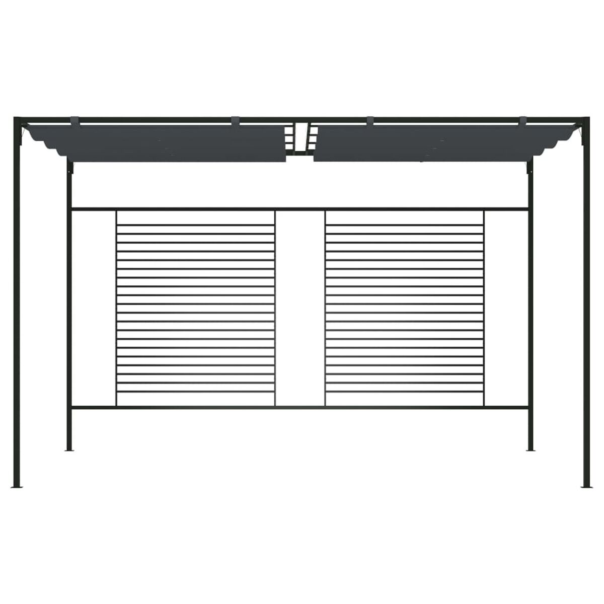 Eine schwarze rechteckige Pergola mit horizontalen Lamellen und vertikalen Pfosten.