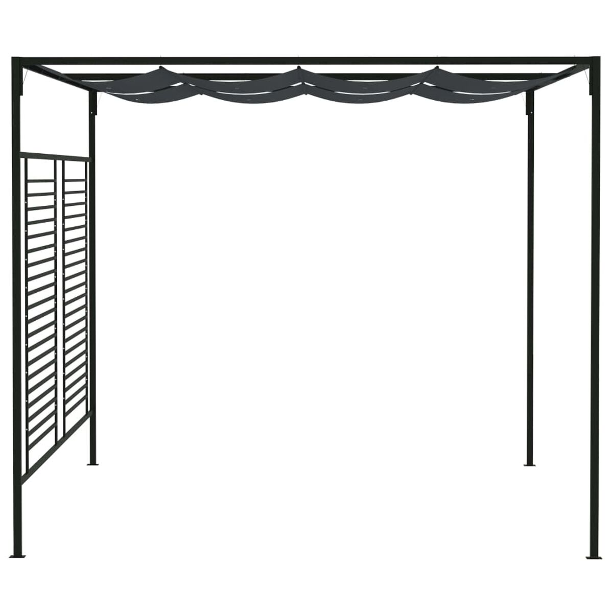 Schwarze Pergola mit einer Lamellenwand und geschwungenen Stoffdachabschnitten. Weißer Hintergrund.